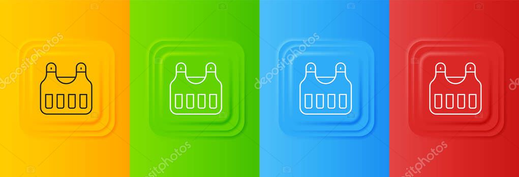 White Bulletproof vest for protection from bullets icon isolated on colorful background. Body armor sign. Military clothing. Set icons in square buttons. Vector.