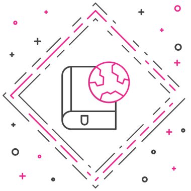 Beyaz arka planda izole edilmiş çizgi Dünya küresi ve kitap ikonu. Dünya ya da Dünya işareti. Küresel internet sembolü. Geometrik şekiller. Renkli taslak konsepti. Vektör.