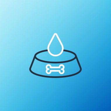 Mavi arka planda izole edilmiş kedi ya da köpek ikonu için evcil hayvan yemek kasesi. Köpek ya da kedi pençesi izi. Renkli taslak konsepti. Vektör.