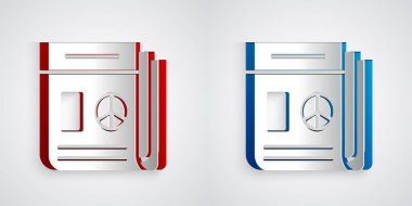 Kağıt kesiği haber simgesi gri arkaplanda izole edildi. Gazete tabelası. Kitle iletişim sembolü. Kağıt sanatı tarzı. Vektör.