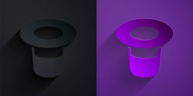 Kağıt kesiği sihirli şapka simgesi mor arka planda siyah üzerine izole. Sihir numarası. Gizemli eğlence konsepti. Kağıt sanatı tarzı. Vektör.