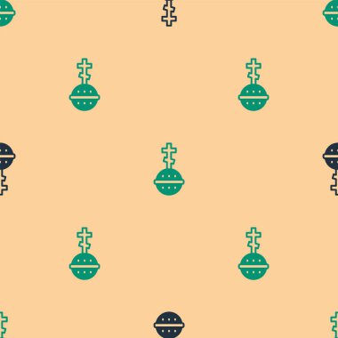 Yeşil ve siyah Hıristiyan haç simgesi bej arka planda izole edilmiş kusursuz desen. Kilise haçı. Vektör.