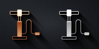 Siyah arka planda altın ve gümüş renkli hava pompası ikonu var. Uzun gölge tarzı. Vektör.