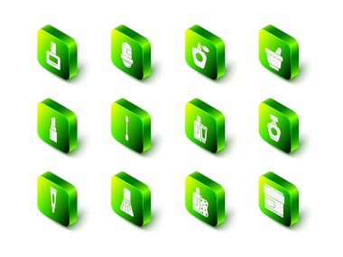 Terleme önleyici deodorant rulo parfüm havan ve köpük kremi kozmetik tüp şampuan süngeri ve makyaj fırçası ikonu hazırlayın. Vektör.