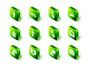 Medya Projektör Ekibi lideri Hand 'i arama ekibi üssü için ayarla. Konuşma balonu sohbeti ve ikon gibi. Vektör.