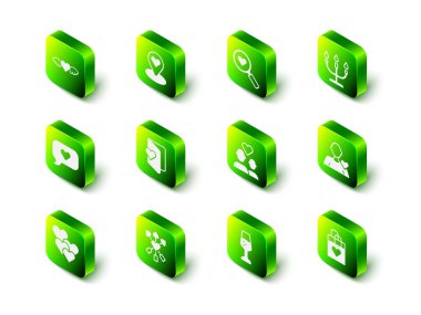 Yeri kalp araştırması ve aşk dolu romantik adam alışveriş torbası birkaç kadeh şampanya ve Amour ok ikonu ile belirleyin. Vektör.