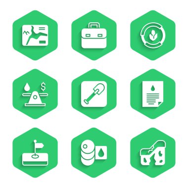 Kürek Fıçısı yağ fıçısı jeolojik fay atma belgesi Bayrak para toprak analizi ve Topografik harita simgesi ayarlayın. Vektör.