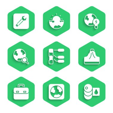 Küresel Gezegen Ampulü ve İngiliz anahtarı ikonu ile Dünya Küre Küre Küre Küre Küresi Volkan Çanta Büyüteç Büyüteç Camını ayarla. Vektör.