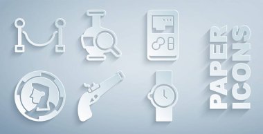 Antika tabanca taşınabilir video oyunu konsolu Eskiler 'in bozuk para bilekliği saat amforesi ve ip bariyeri simgesi. Vektör.