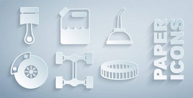 Chassis araba kutusunu motor yağı araba fren diskine ayarlayın. Caliper hava filtresi benzini ve motor pistonu ikonu ile. Vektör.
