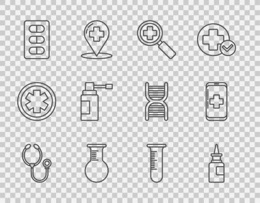 Tıbbi test tüpü ve ilaç şişesi için stetoskop büyüteç ayarla. Hortumlu tıbbi ilaç şişesi ve hastane ikonuna acil durum cep telefonu çağrısı. Vektör.