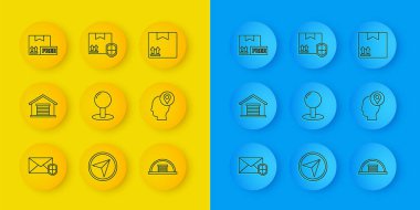 Hat Zarfını kalkan ambar itme iğnesi karton kutular mukavva kutular ücretsiz sembol trafiği ve paket güvenlik simgesi ile ayarlayın. Vektör.