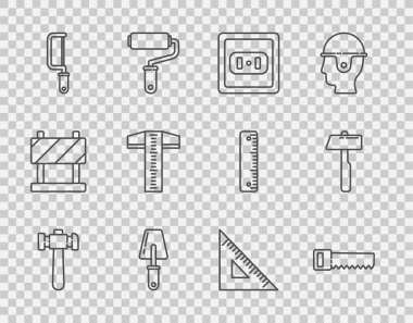 Çekiç El elektrik prizi Hacksaw T-square çizgisi üçgen cetvel ve simgesini gördü. Vektör.