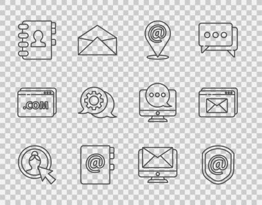 Satır Ayarla Posta ve e-posta Adres Adresi Adres Defteri Konuşma Hattı İzleme zarfı ve Web sitesi simgesi ile hesap ekranı kalkanı oluştur. Vektör.