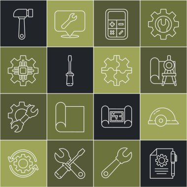 Satır Belge ayarları ve kalem işçisi kaskı pusula pusula hesaplayıcı tornavida işlemci çekiç ve dişli simgesi ayarlayın. Vektör.
