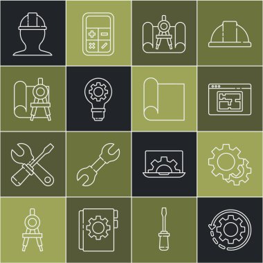 Çalışma Akımı Evi 'nin planı olarak çizgi teçhizatı ve okları ayarlayın. Pusula pusula, ampul teçhizatı, işçi kaskı ve mühendislik simgesi. Vektör.