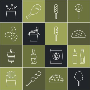 Pamuk helva soslu Taco, tortilla sosisli, Asya usulü erişte çubuklu tavuk budu ve kızarmış sosis ikonu. Vektör.