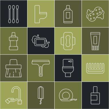 Diş macunu sabunu çubuğu sabun, pamuk çubuk kulak ve hijyenik peçete ikonu temizleme tüpü için bir şişe ayarla. Vektör.