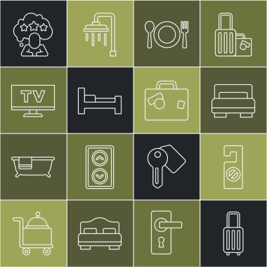 Satır Bavulu Lütfen otel odasının yatak odasının çatalını ve bıçağını rahatsız etmeyin Smart Tv Beş Yıldızlı değerlendirme ve simge. Vektör.