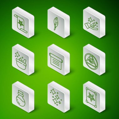 Büyülü cadı tüyü iksiri ve Mason ikonu ile Antik sihirli kitap Sparkle yıldızları ayarla. Vektör.