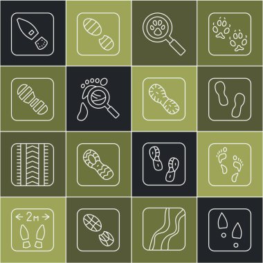 Çizgi insan ayak izi ayakkabıları Paw arama büyüteç ayak izleri ve ikon ile. Vektör.