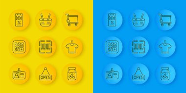 Satır tanımlama rozeti QR kod tarayıcı tarama çubuğu reçel kavanozu tişörtü yüzde indirimi ve mobil alışveriş arabası ve sepet simgesi ayarla. Vektör.