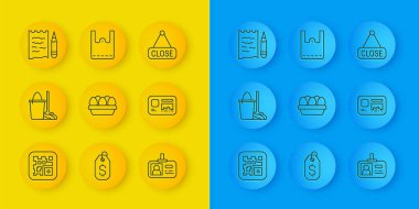 Satır QR kod paspası ve kova tavuk yumurtasını kutu tanımlama rozeti alışveriş listesi kalem asma tabelasına koy. Kapalı ve kağıt alışveriş poşeti ikonu. Vektör.