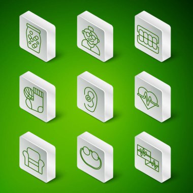 Hat monitörünü kardiyogram gözlüklü ilaç şişesi ve haplarla ayarla. İşitme cihazı, büyükanne Kol Koltuğu ve kalp atış hızı ikonu. Vektör.