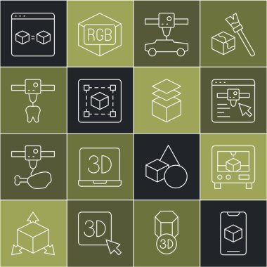 Satır 3D yazıcı ayarları araba geometrik figür küp diş mükemmel kopya ve Katman simgesi. Vektör.