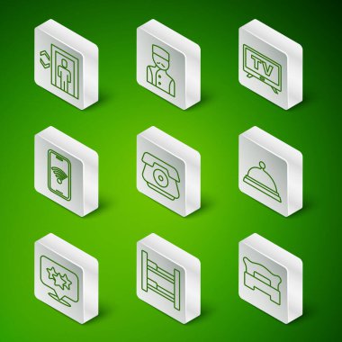 Yatak odası yatak odası yatağı asansörlü cep telefonu kablosuz kablosuz kapıcı yıldızları dereceli ve kapaklı yemek ikonu tepsisi içeren cep telefonunu ayarla. Vektör.