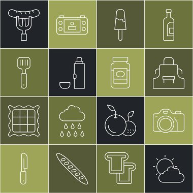 Güneş ve bulut hava durumu kamerası, mutfak önlüğü, dondurma kabı, Spatula sosis çatalı ve reçel kavanozu ikonu. Vektör.