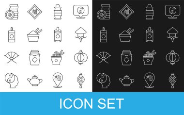 Çin kağıt feneri Asya ya da konik hasır şapkalı buz kasesi. Çubuklu Havai fişek Yuan para birimi ve ikonu. Vektör.