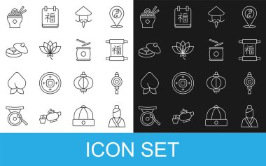 Asyalı kadın, Çin kağıt feneri, konik hasır şapka, nilüfer çayı, erişte kasesi ve davul ikonu. Vektör.