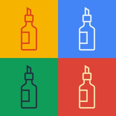 Renkli arka planda izole edilmiş bir şişe zeytinyağı ikonu. Zeytinyağı ikonlu sürahi. Vektör.