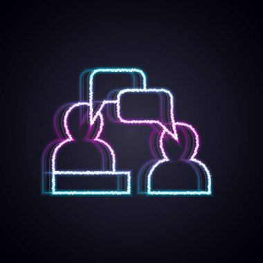 Işıldayan neon hattı İki oturan adam konuşan simge siyah arka planda izole. Konuşma balonu sohbeti. İleti simgesi. İletişim ya da yorum sohbet sembolü. Vektör.
