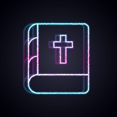 Parlayan neon hattı kutsal kitap ikonu siyah arka planda izole edildi. Vektör.