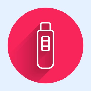 Beyaz çizgi hamilelik testi simgesi uzun gölge arkaplanı ile izole edildi. Kırmızı daire düğmesi. Vektör.