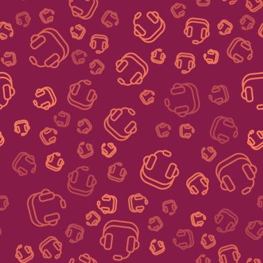 Kahverengi çizgi kulaklık simgesi kırmızı arka planda izole edilmiş pürüzsüz desen. Kulaklıklar. Müzik, hizmet, iletişim ve operatör konsepti. Vektör.