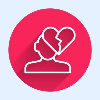 Kırık bir kalp ya da uzun gölgeli bir boşanma ikonu. Aşk sembolü. Sevgililer Günü. Kırmızı daire düğmesi. Vektör.