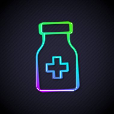 Parlayan neon hattı yatıştırıcı hap ikonu siyah arka planda izole edildi. Vektör.