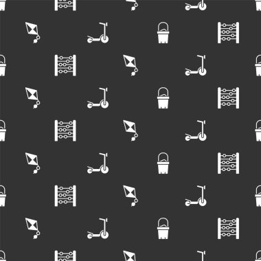 Kovadaki Kum Abaküs Uçurtması 'nı ve patenli scooter' ı kusursuz bir kalıba sokun. Vektör.