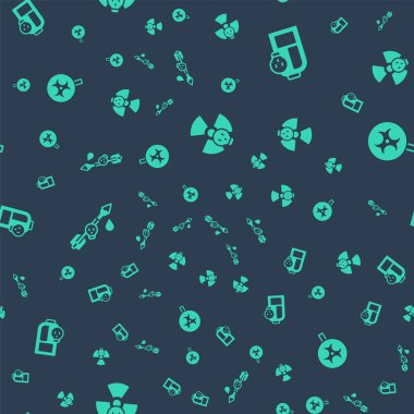 Radyoaktif Beaker 'ı zehirli sıvı zehirle okun üzerine ve Biyolojik tehlike sembolünü kusursuz desene ayarla. Vektör.