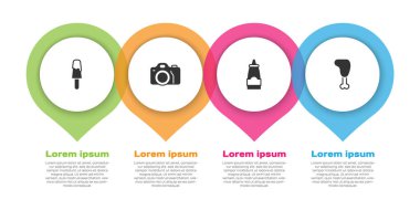 Dondurma fotoğraf makinesi sosu şişesi ve tavuk budu hazırla. Ticari bilgi şablonu. Vektör.