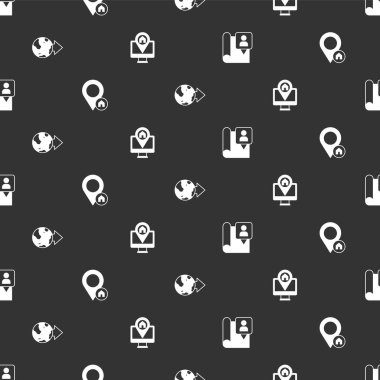 Katlanmış haritayı konum işaretleyici konumu ile ayarla. Yerküre ve Monitör sorunsuz desen üzerinde. Vektör.