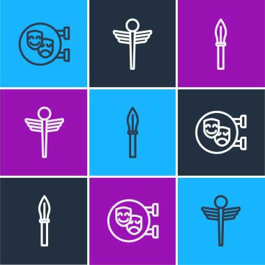 Çizgi roman, trajedi maskeleri, ortaçağ mızrağı ve Caduceus yılan tıbbi ikonu. Vektör.