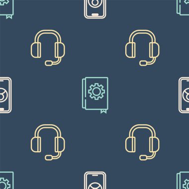 Telefon hattını 24 saat destekle, kulaklıkları ve kullanıcı kılavuzunu pürüzsüz düzene sok. Vektör.