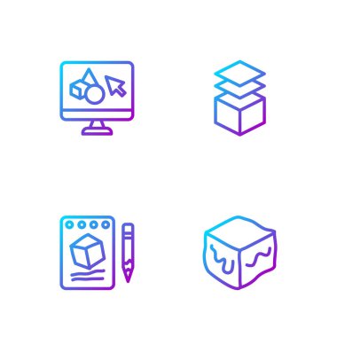 Satır Isometric küp, kağıda çizim, 3D yazıcı yazılımı ve katmanlar. Renk simgeleri. Vektör.