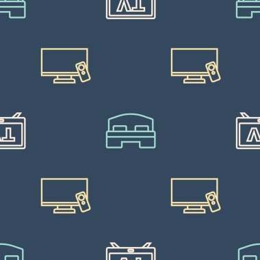 Akıllı TV ve otel odası yatağını pürüzsüz bir şekilde ayarla. Vektör.