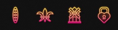 Yeldeğirmeni Fransız ekmeği Fleur De Lys ve Castle 'ın kalp şeklini ayarla. Parlayan neon ikonu. Vektör.