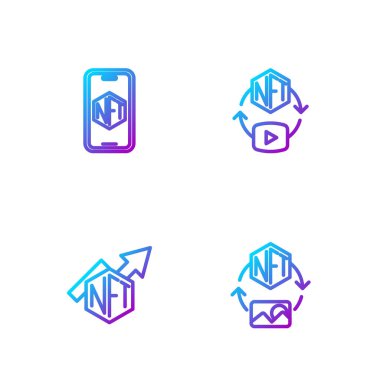 Satır NFT Dijital Kripto Sanat Geliştirme Çizelgesi 'ni depolama uygulaması ve mobil olarak ayarla. Renk simgeleri. Vektör.